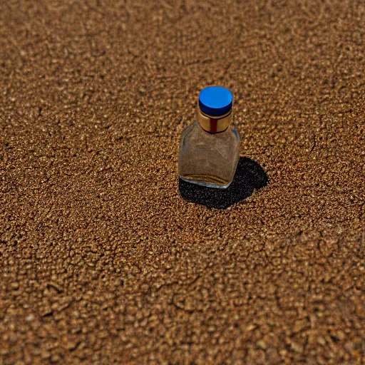 Image similar to perfume bottle sitting on a small mountain of golden desert sand, close up shot, upfront, with blue sky and clouds in the background, softly - lit, soft - warm, zen, light, modern minimalist f 2 0 clean