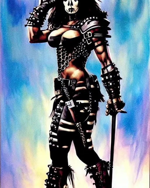 Image similar to portrait of kamala harris as a skinny punk goth soldier wearing armor by simon bisley, john blance, frank frazetta, fantasy, barbarian