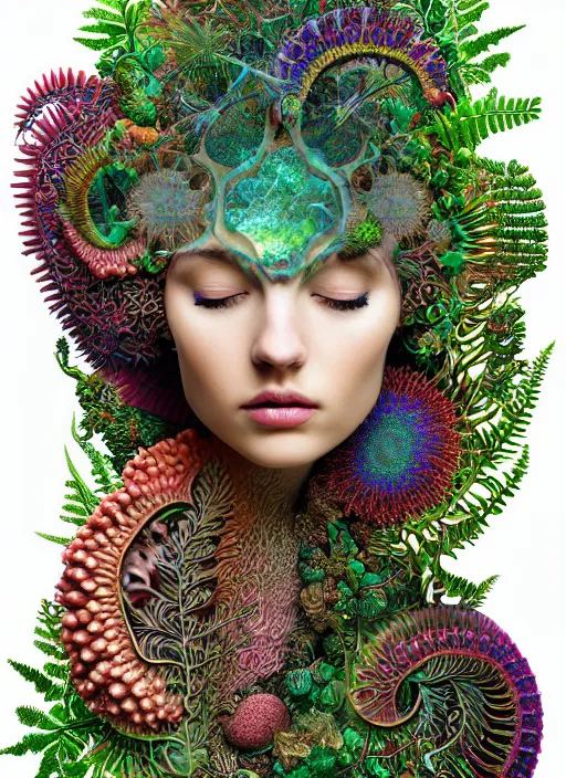 Prompt: ridiculously beautiful young womans face in full color, layers of intricate swirling fractals of 3 d green fern and coral skin, orgasm, portals into dimensions, coral, birds, symmetrical, in the style of ernst haeckel, effervescent, sacred geometry, surrealism, photo realistic, epic and cinematic, 3 d, clear, sharp,