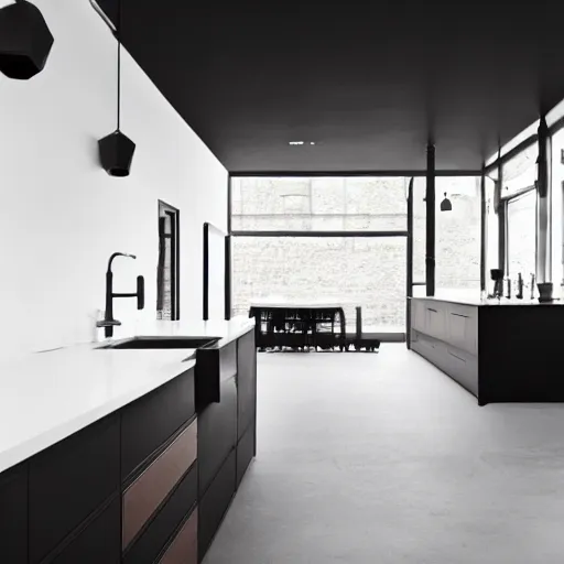 Image similar to photo of black, matte kitchen fronts surfaces and furniture, red walls at the back, white floor tiles on the ground, architecture, concept art