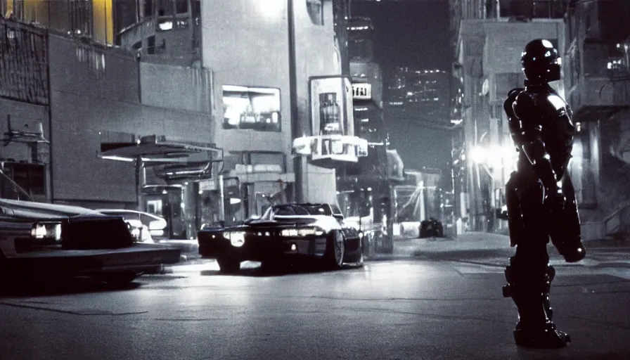 Image similar to robocop standing under a street lamp at night in downtown future detroit. leaning against a futuristic police car. criterion collection, movie still. 7 0 mm. imax. film.
