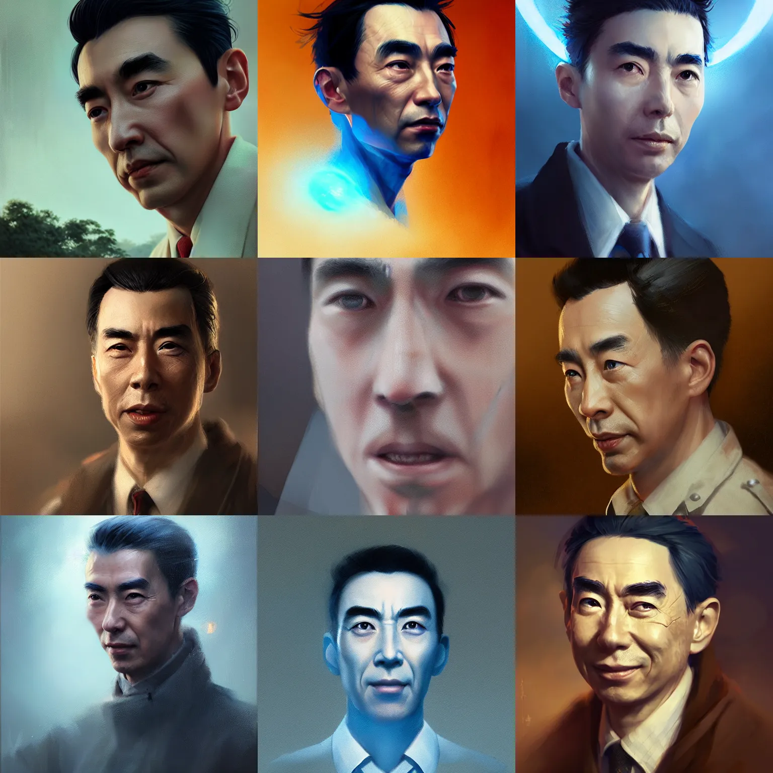 Prompt: zhou enlai, by greg rutkowski, blue and purle lighting, digital art, ultra realistic, ultra detailed, photorealistic, 4k, character concept