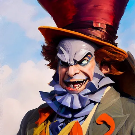 Image similar to greg manchess portrait painting of partially armored mad hatter from alice in wonderland as overwatch character, wacky, medium shot, asymmetrical, profile picture, organic painting, sunny day, matte painting, bold shapes, hard edges, street art, trending on artstation, by huang guangjian and gil elvgren and jesper ejsing