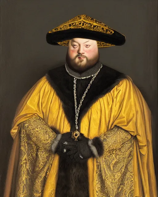 Image similar to fat dark gray cat with yellow eyes dressed like henry viii, tudor period robes in scarlet gold black, tudor bonnet, luxurious, opulent, regal, royal portrait, hans holbein the younger, greg rutkowski