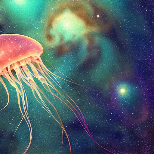 Prompt: “Female jellyfish tentacles underwater in a beautiful ultradetailed painting of the galaxy, nebula in universe, light effect, very detailed, by beeple, Makoto Shinkai, 4k, Trending on artstation, ultrawide lens”