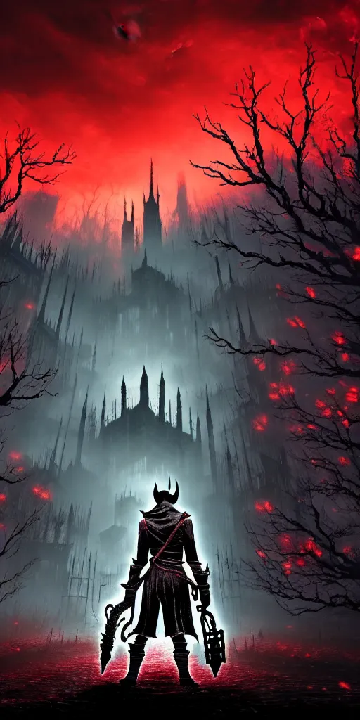 Image similar to abandoned bloodborne old valley with a person at the centre and a ruined gothic city at the end, trees and stars in the background, falling red petals, epic red - orange moonlight, perfect lightning, wallpaper illustration by niko delort and kentaro miura, 4 k, ultra realistic