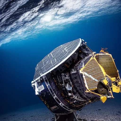 Prompt: an advanced spacecraft sunk at the bottom of the ocean, 8k photography