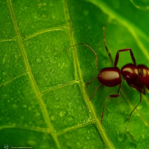 Image similar to cyberpunk ant on a green leaf, macro photography, 8 k, moody lighting, shallow depth of field,