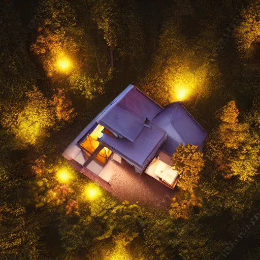 Image similar to cottage in clearing surrounded by trees, it is night, the windows are lit, concept art, aerial view, top down, drone, stylized