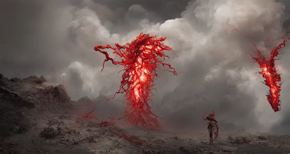 Image similar to a volcano made of ivory vines and crimson rocks enters in eruption, it spits a smoke in the shape of demonic eye, by Jeremy Geddes