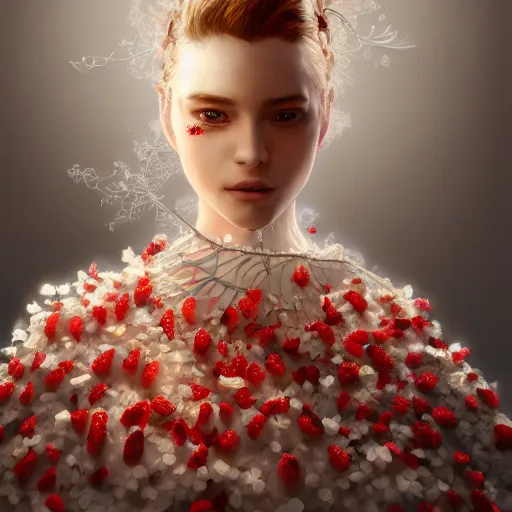 Image similar to the portrait of an absurdly beautiful, graceful, elegant, sophisticated, fashionable young woman made of strawberries and white petals looking down, an ultrafine hyperdetailed illustration by kim jung gi, irakli nadar, intricate linework, bright colors, octopath traveler, final fantasy, unreal engine 5 highly rendered, global illumination, radiant light, detailed and intricate environment