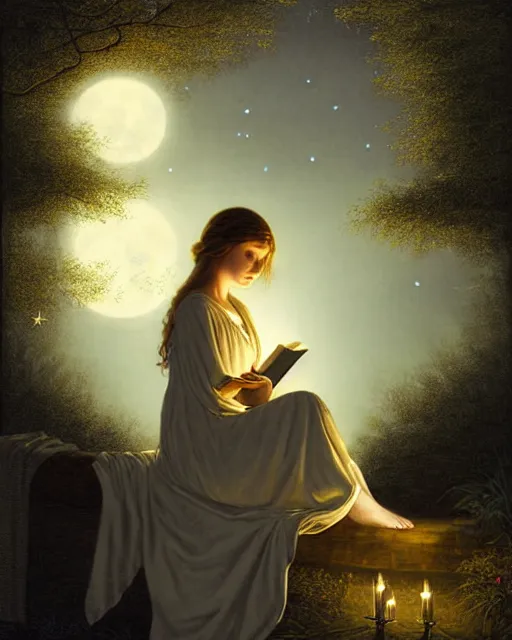 Image similar to girl in white nightgown reading a book by the river, a full moon on the horizon, dark starry sky, dreamy fantasy ambience with golden orbs and fireflies, detailed gothic illustration bright moon light, by edmund blair leighton, brom, charlie bowater, face by otto schmidt