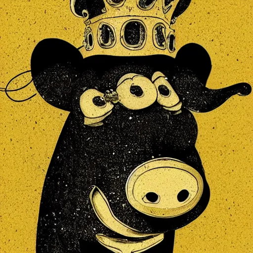 Image similar to black and white grunge cartoon sketch of a pig in a gold crown by - beeple , loony toons style, horror themed, detailed, elegant, intricate, outline