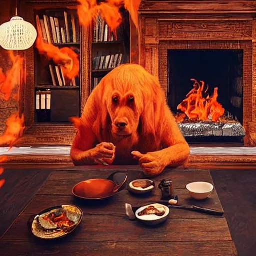 Prompt: an orange humanlike dog in his house, sitting at his table, a coffee on the table, surrounded by flames and fire, smoke above him