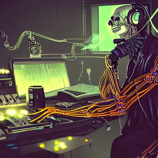 Image similar to cyberpunk skeleton with headphones playing synthesizer, smoke, lights, lasers, highly detailed, realistic, technology and magic,