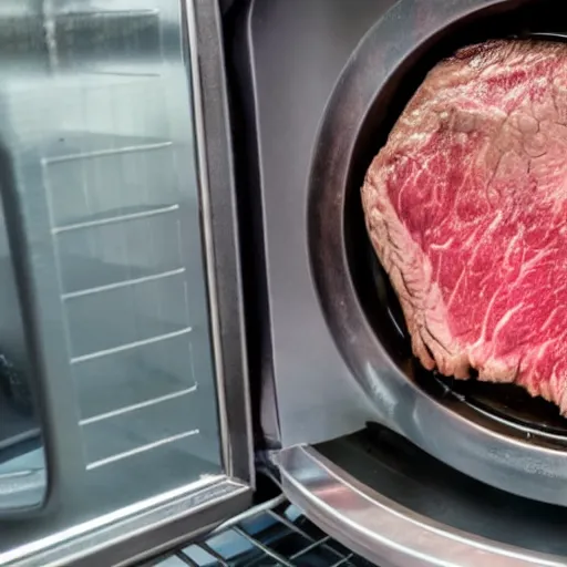 Image similar to Steak being cooking in a microwave, viewed through the closed microwave window, cursed