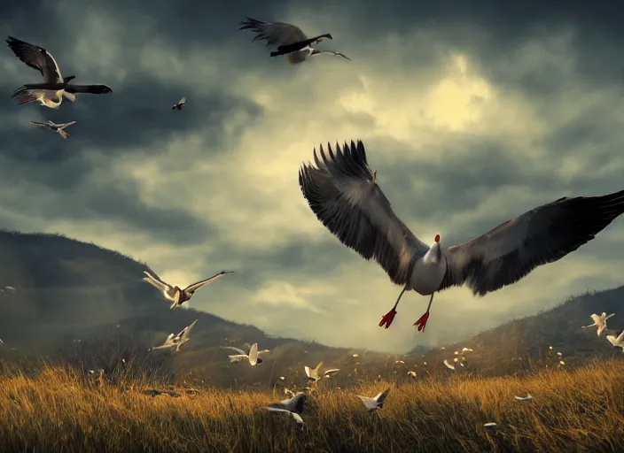 Image similar to independent picture scenery artwork in style by robert svebeck and haruki marakami, rendering of seagulls babies learning to fly, singing on a mystical field, dramatic sky, matte painting, trending on artstation and unreal engine