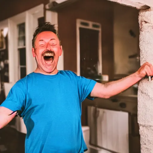 Prompt: a happy english irish middle aged man with brown moptop hair and red cheeks is wearing a blue tshirt and shorts. he dances with his arms excitedly like a chicken in his kitchen