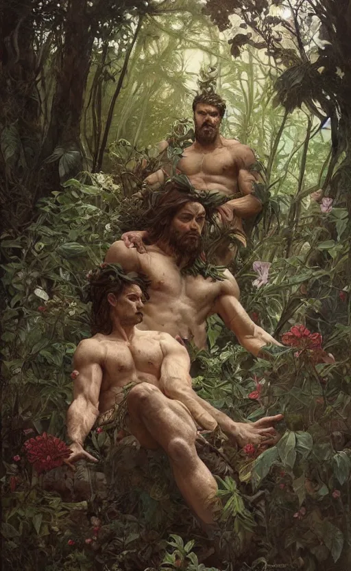 Image similar to god of the forest, rugged, handsome, male, detailed face, clean lines, atmospheric lighting, amazing, full body, thighs, flowers, muscular, intricate, highly detailed, digital painting, deviantart, concept art, sharp focus, illustration, art by greg rutkowski and alphonse mucha