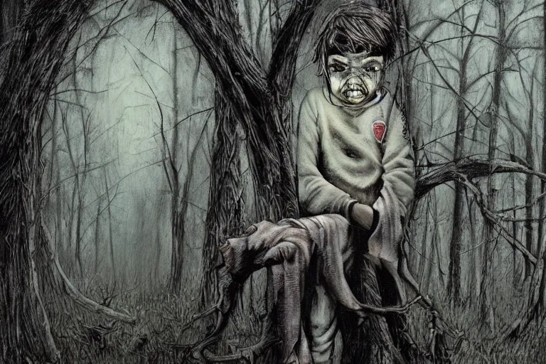 Prompt: horror painting of Missing 411 anomaly young boy lost in the woods by ben templesmith