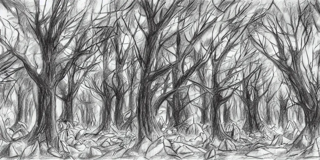 Image similar to graveyard of trees, Manga art sketch