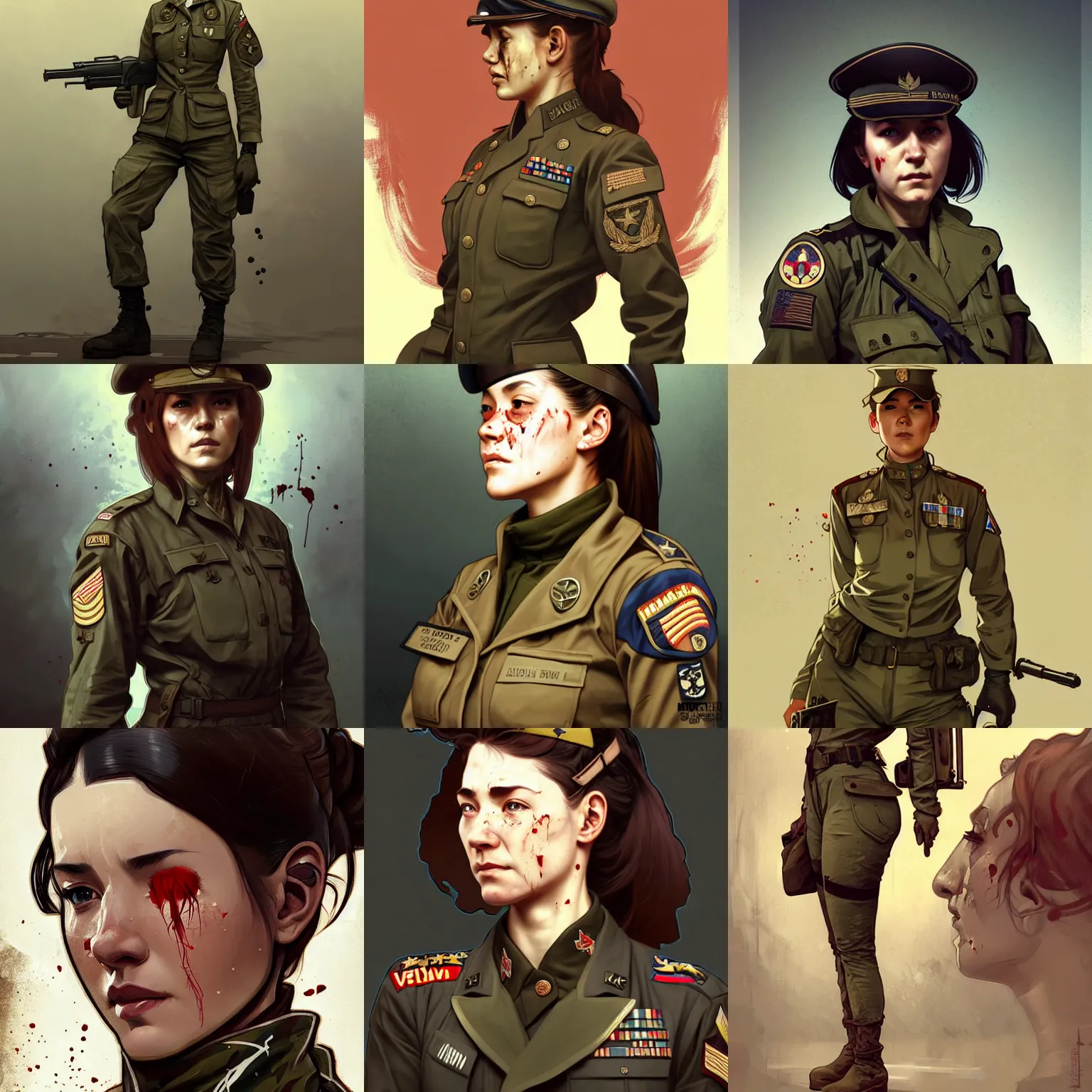 Prompt: veteran female soldier wearing military uniform with bloodied boots, standing in the aftermath of a terrible war. gritty character art. highly detailed, digital painting, artstation, concept art, smooth, sharp focus, illustration, art by artgerm and alphonse mucha, high definition digital art, in the style of Ross tran and ilya kuvshinov