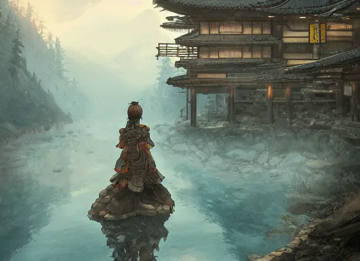 Image similar to environmental portrait of a princess at a japanese mountain onsen at golden hour, post-apocalyptic scenario, Concept art by Jorge jacinto, masterpiece, highly detailed and ultra realistic, trending on artstation