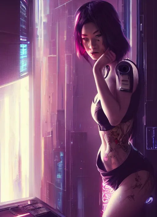 Image similar to art by ross tran, full body portrait of cyberpunk woman looking out of a window, cyberpunk setting, futuristic, highly detailed, intricate lighting, digital painting, sharp focus, illustration, cinematic, trending on artstation, by anna dittmann, karol bak, charlie bowater.