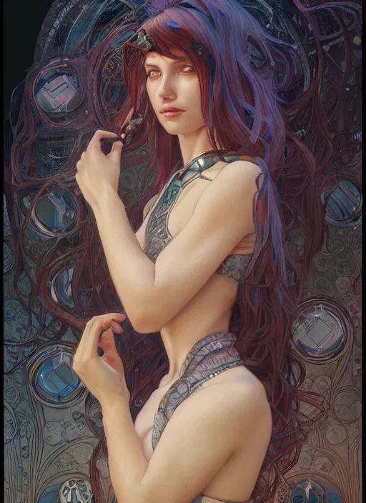 Image similar to beautiful young woman cyberpunk woman, portrait, intricate, elegant, highly detailed, centered, digital painting, artstation, concept art, smooth, sharp focus, illustration, art by artgerm and donato giancola and alphonse mucha