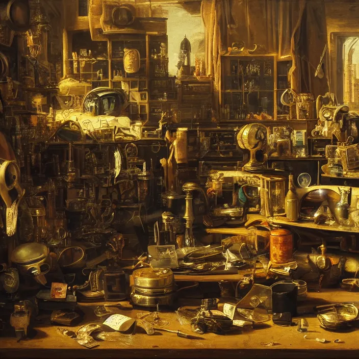 Image similar to still life photo of a cyberpunk junk shop by pieter claesz, oil on canvas, strong lighting, highly detailed, hyper realism, golden hour, god rays, hd, 4 k