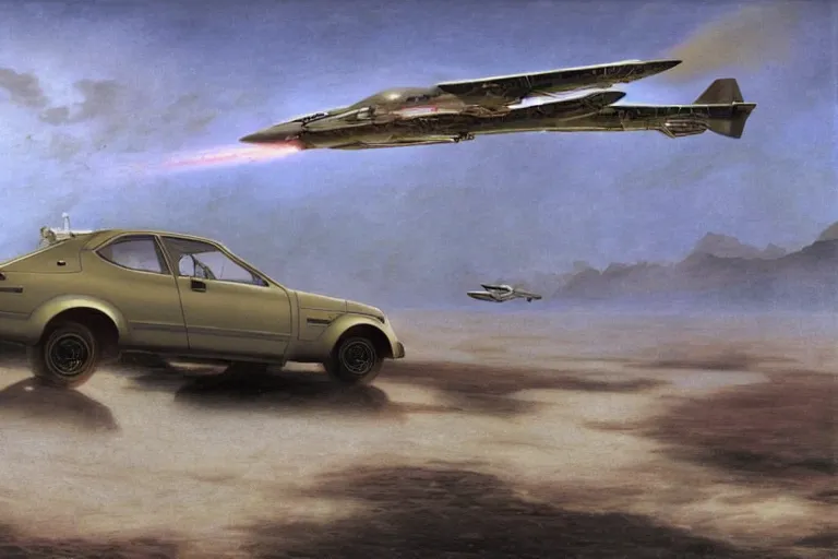 Prompt: toyota corolla with rocket engines breaking the sound barrier across salt flats sonic boom dieselpunk by caspar david friedrich and wayne barlowe and ted nasmith