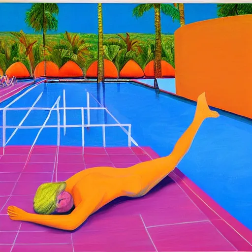 Image similar to donald trump laying by the pool, mar - a - lago, painted by david hockney, oil on canvas, large, opulent, servants, 8 k