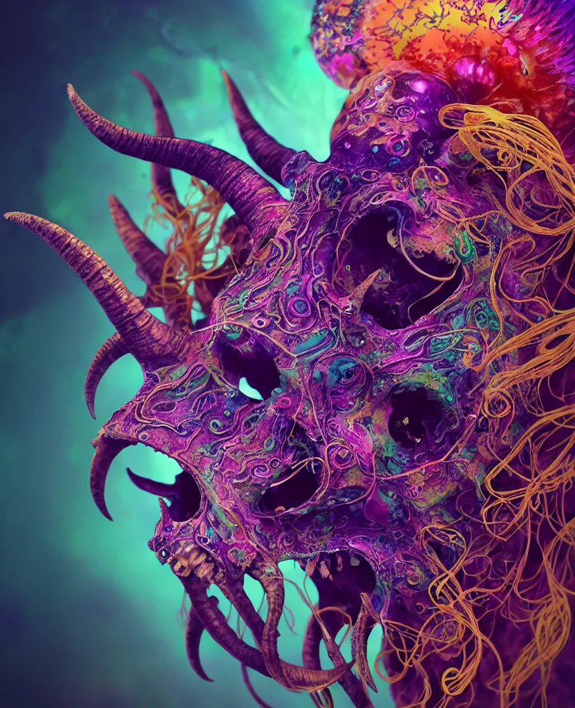 Image similar to psychedelic shaman close - up portrait goat skull. jellyfish phoenix head, nautilus, orchid, monkey skull, betta fish, bioluminiscent creatures, intricate artwork by tooth wu and wlop and beeple. octane render, trending on artstation, greg rutkowski very coherent symmetrical artwork. cinematic, hyper realism, high detail, octane render, 8 k