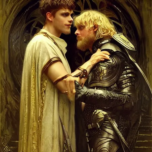 Image similar to stunning arthur pendragon in love with stunning male merlin the mage. they are close to each other. highly detailed painting by gaston bussiere, craig mullins, j. c. leyendecker