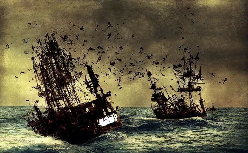 Image similar to “Pirate ship wreck falling from the sky, digital art, cinematic, award winning”