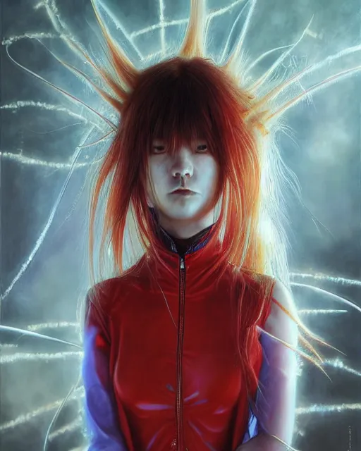 Image similar to asuka langley soryu wearing plugsuit, award winning photograph, radiant flares, realism, lens flare, intricate, various refining methods, micro macro autofocus, evil realm magic painting vibes, hyperrealistic painting by michael komarck - stephen gammell