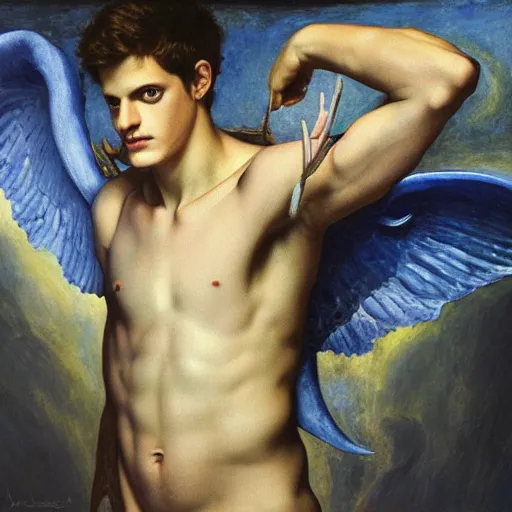 Prompt: Oil painting of the handsome Daniel Sharman with blue devil wings, naturalism, dramatic lighting, high-detailed oil painting by Ilya Repin, Michelangelo da Caravaggio, William Blake, Alex Grey and Beksinski, trending on Artsatio, masterpiece, 4k, 8k,