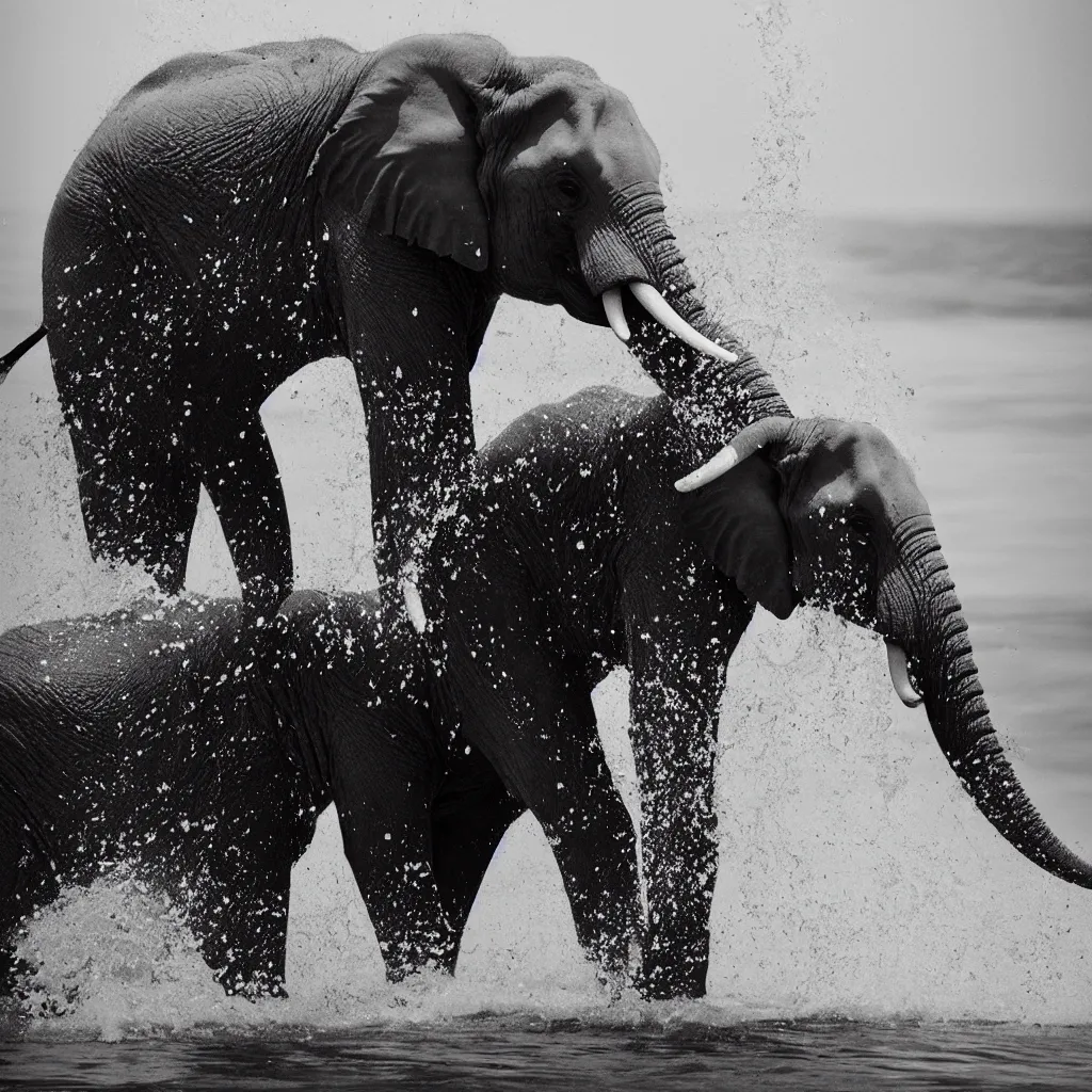 Image similar to “a black and white photo of an elephant splashing water by Maties Palau Ferré, featured on flickr, arabesque, national geographic photo, ilford hp5, majestic”