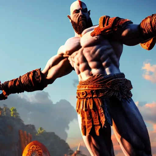 Prompt: A giant marble statue of Kratos from God Of War, hyper-realistic, 8K HDR, sunset.