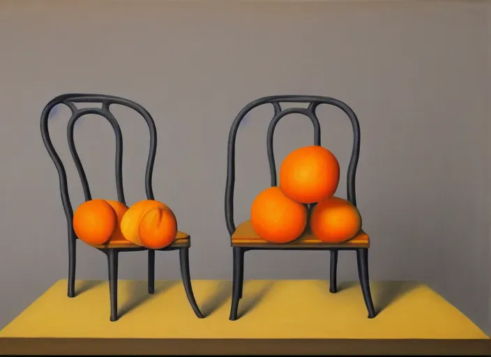 Image similar to 5 0 % of a painting by rene magritte showing two chairs having a conversation about apples or oranges. elegant, highly detailed, artstation, smooth, sharp focus