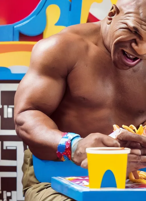 Image similar to Mike Tyson eating a happy meal in the McDonalds play place, photograph, high quality, detailed, sharp