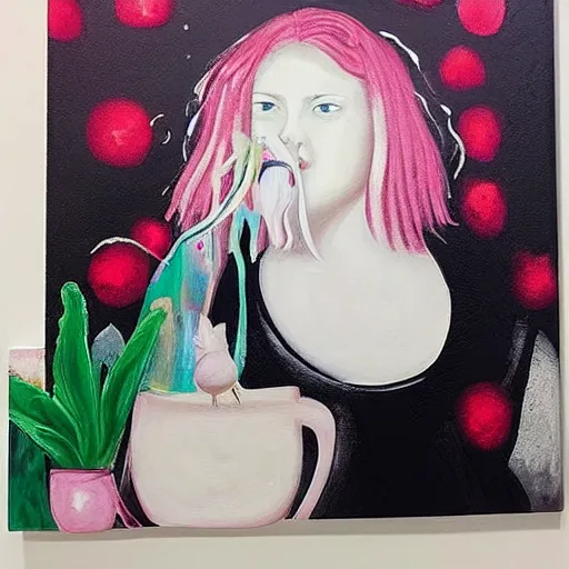 Prompt: “ a portrait in a female art student ’ s apartment, sensual, a pig theme, dreamy, art supplies, paint tubes, ikebana, herbs, a candle dripping white wax, black walls, squashed berries, berry juice drips, acrylic and spray paint and oilstick on canvas, surrealism, neoexpressionism ”