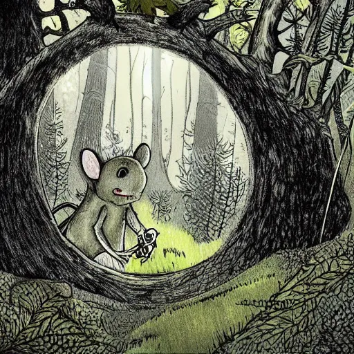 Prompt: maus in forest, by rivuletpaper, rivuletpaper art, harsh tales, cruel tales, MouseGuard by David Petersen, Illustration art