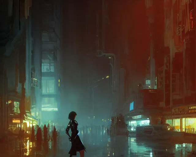 Image similar to 1 4 4 4 blade runner movie still ramona flowers look at the cityscape from roof perfect face fine realistic face pretty face reflective polymer suit tight neon puffy jacket blue futuristic sci - fi elegant by denis villeneuve tom anders zorn hans dragan bibin thoma greg rutkowski ismail inceoglu illustrated sand storm alphonse mucha