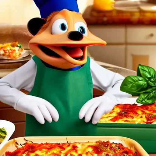 Image similar to pixar style platypus on a kitchen wearing a chef hat and holding a lasagna into an over, with three basil leaves over the lasagna, pixar style, ultradetailed, 3 d, ratatouille style