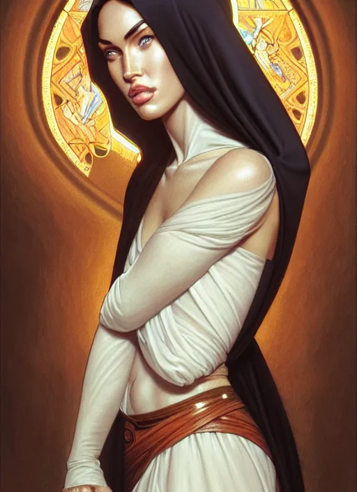 Image similar to portrait of megan fox as a sultry nun, catholic, church, bible, christian, intricate, headshot, highly detailed, digital painting, artstation, concept art, sharp focus, cinematic lighting, illustration, art by artgerm and greg rutkowski, alphonse mucha, cgsociety