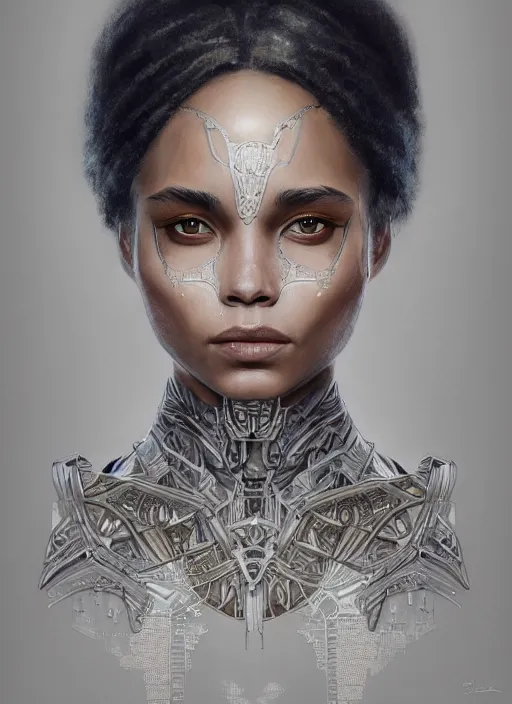 Image similar to champion splashart of symmetry!! zoe kravitz, machine parts embedded into face, intricate, elegant, highly detailed, digital painting, artstation, concept art, smooth, sharp focus, illustration, art by artgerm and greg rutkowski and alphonse mucha, 8 k