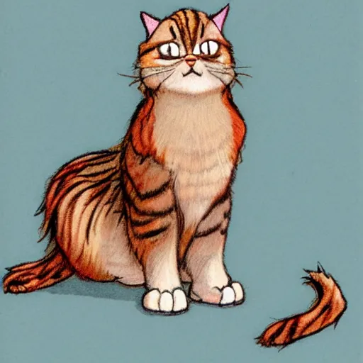 Prompt: extra fluffy humanoid Persian tabby cat standing on two feet, drawing by Don Bluth, colored pencil sketch with feathery lines, drawing by Yoshitaka Amano