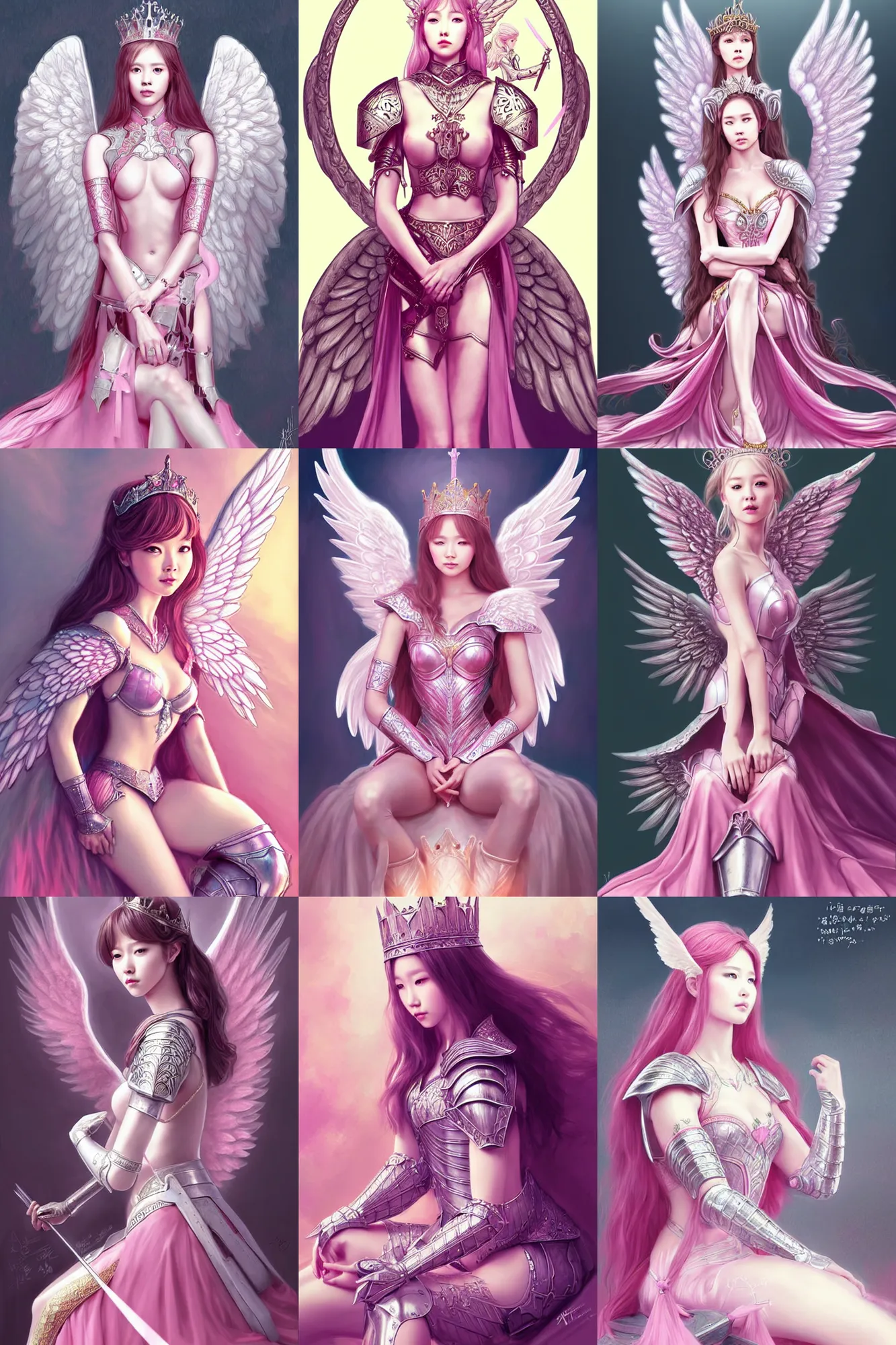 Prompt: gorgeous!! hyper - realistic princess wearing ornate pink knight armor, angel wings l sitting at the thrown | drawn by wlop, drawn by jeehyung lee, drawn by artgerm