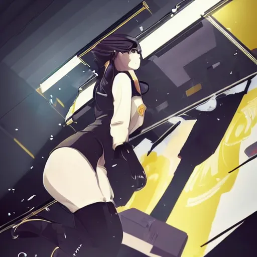 Image similar to luxury advertisement, black and golden colors. highly detailed post-cyberpunk sci-fi close-up schoolgirl in asian city in style of cytus and deemo, mysterious vibes, by Ilya Kuvshinov, by Greg Tocchini, nier:automata, set in half-life 2, beautiful with eerie vibes, very inspirational, very stylish, surrealistic, perfect digital art, mystical journey in strange world, bastion game